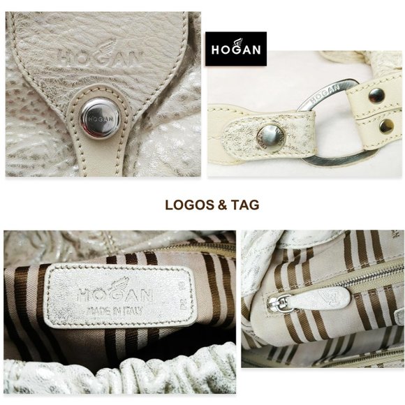 HOGAN Italy Creamy Beige Silver Metallic Hobo Slouchy Leather Large Shou… - Picture 9 of 13